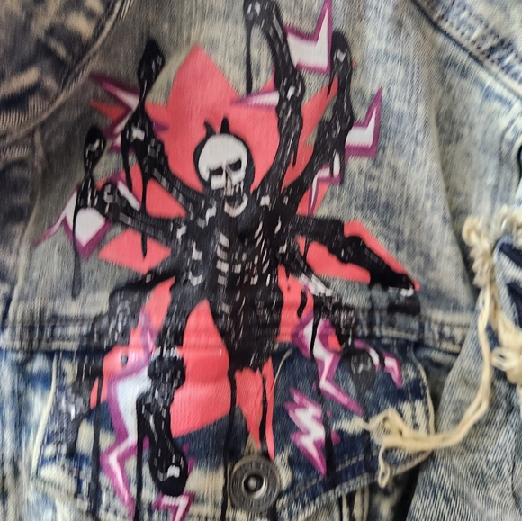 Smoke Rise Graffiti Denim Jacket L Sheffield Embroidered Paint Goth Grunge Clean - Picture 6 of 11